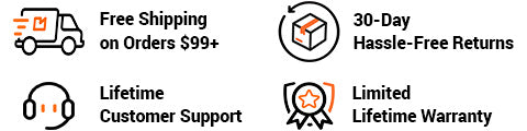 WARMBOND customer benefits: free shipping over $99, 30-day returns, lifetime support, and limited lifetime warranty