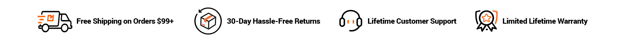 WARMBOND customer benefits: free shipping over $99, 30-day returns, lifetime support, and limited lifetime warranty